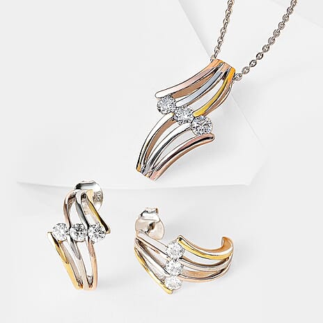 Moissanite Pendant with Chain (Size 20) and Earrings in Platinum Overlay, 18K Yellow and Rose Gold Vermeil Sterling Silver