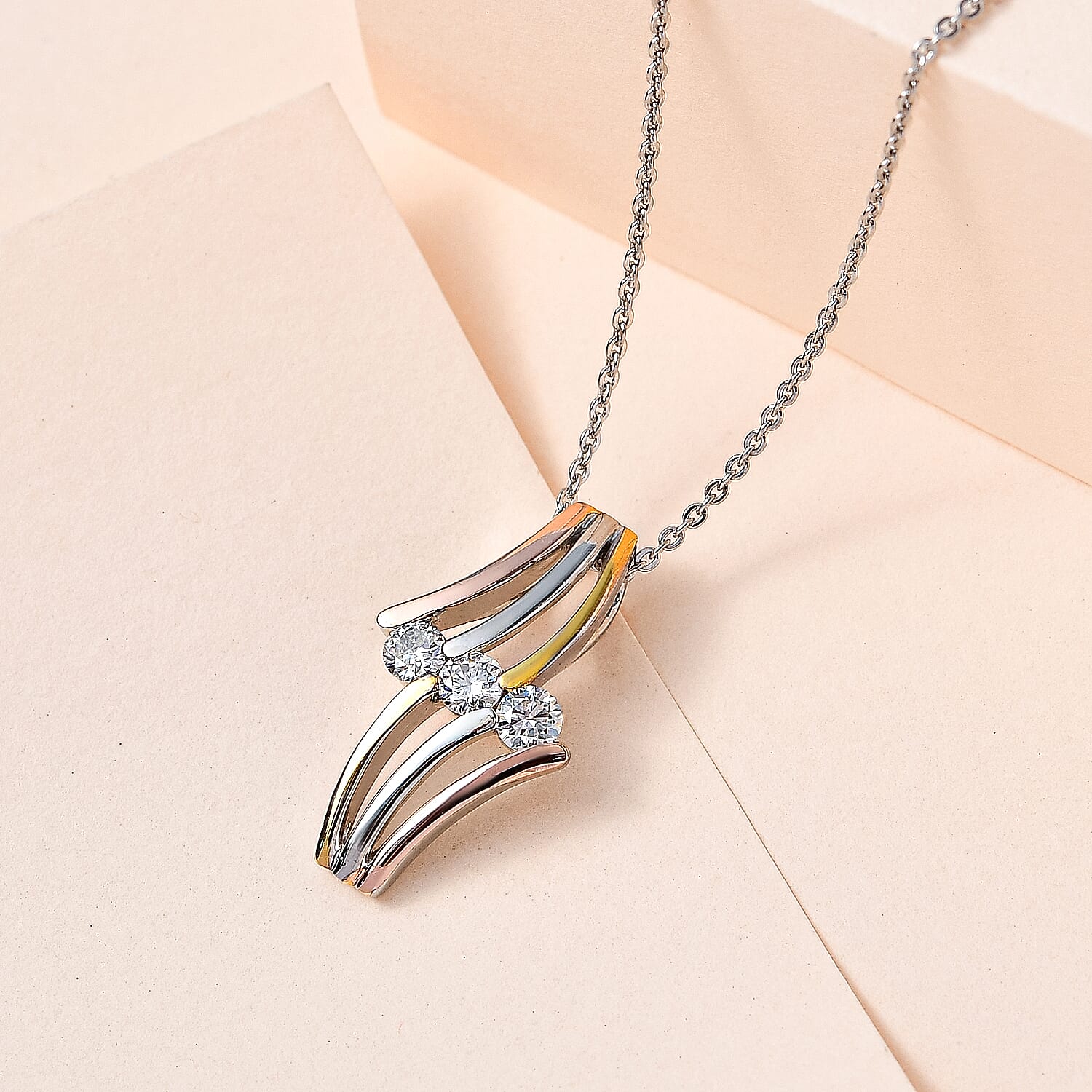 Moissanite Pendant with Chain (Size 20) and Earrings in Platinum Overlay, 18K Yellow and Rose Gold Vermeil Sterling Silver