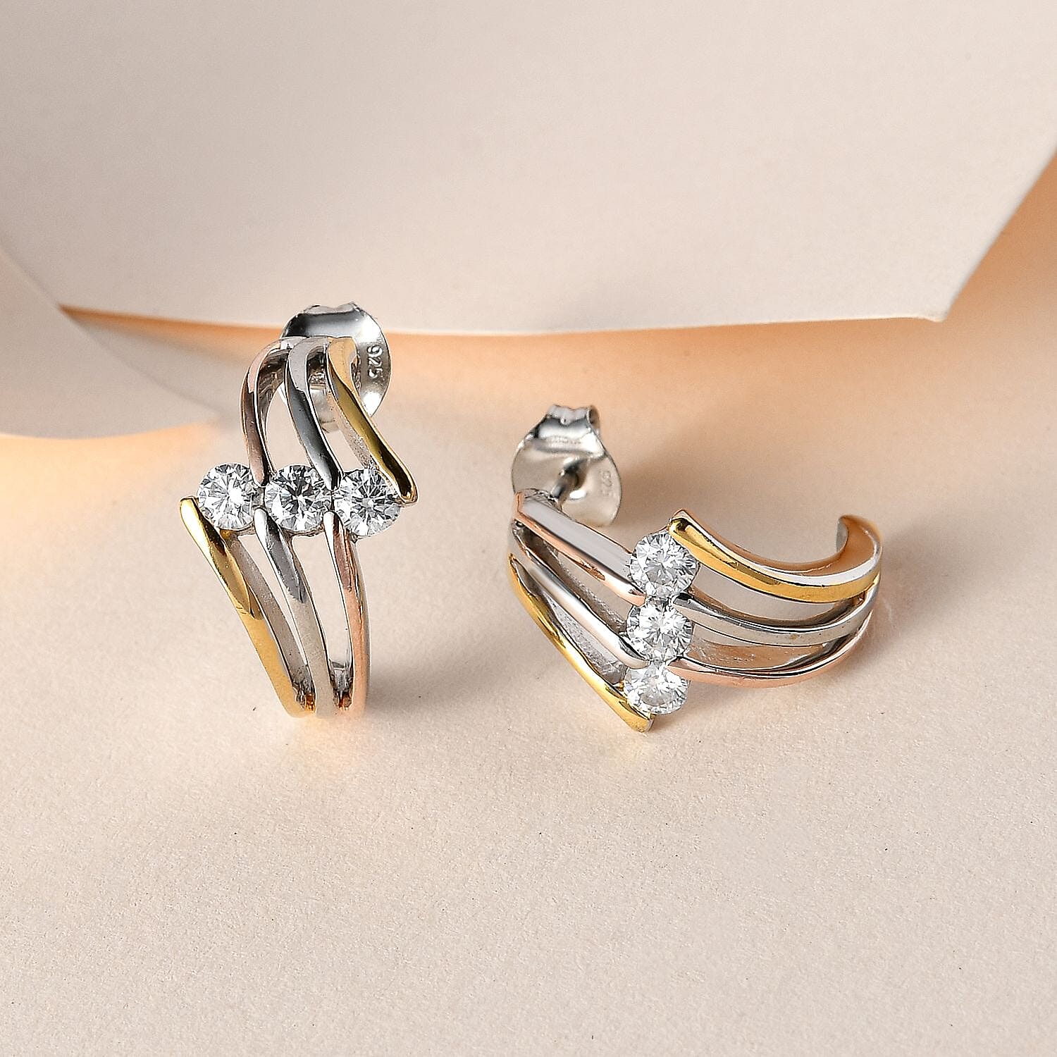 Moissanite Pendant with Chain (Size 20) and Earrings in Platinum Overlay, 18K Yellow and Rose Gold Vermeil Sterling Silver