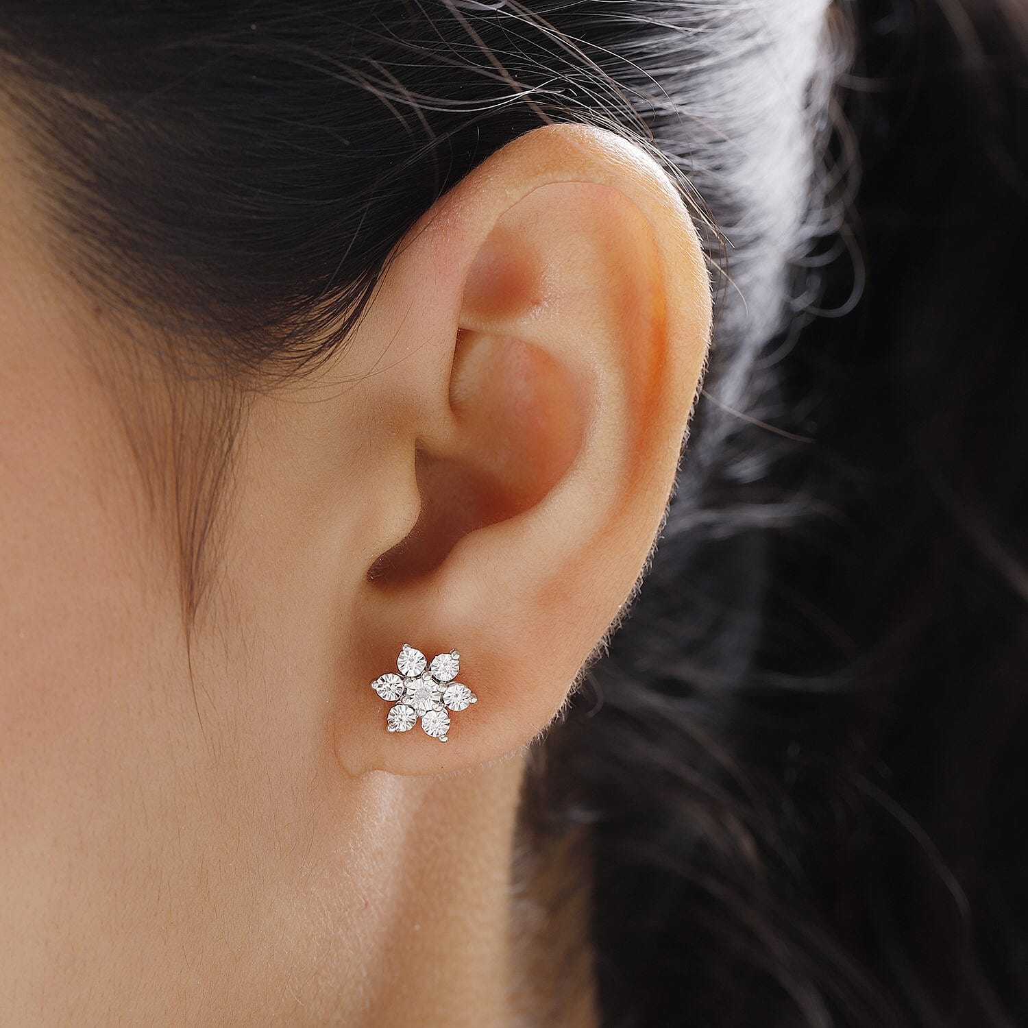 Diamond Floral Pendant and Stud Earrings in Platinum Plated Sterling Silver