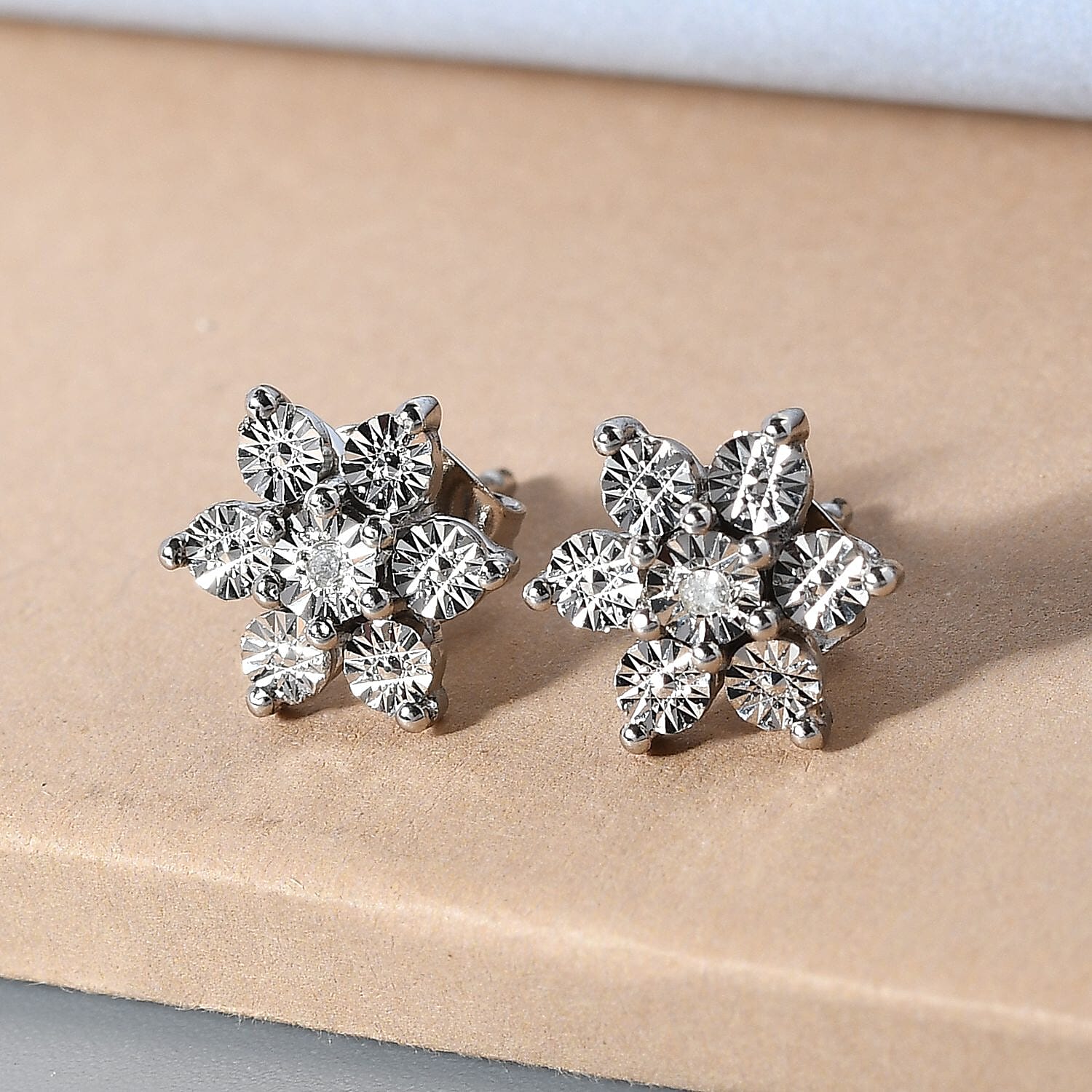 Diamond Floral Pendant and Stud Earrings in Platinum Plated Sterling Silver