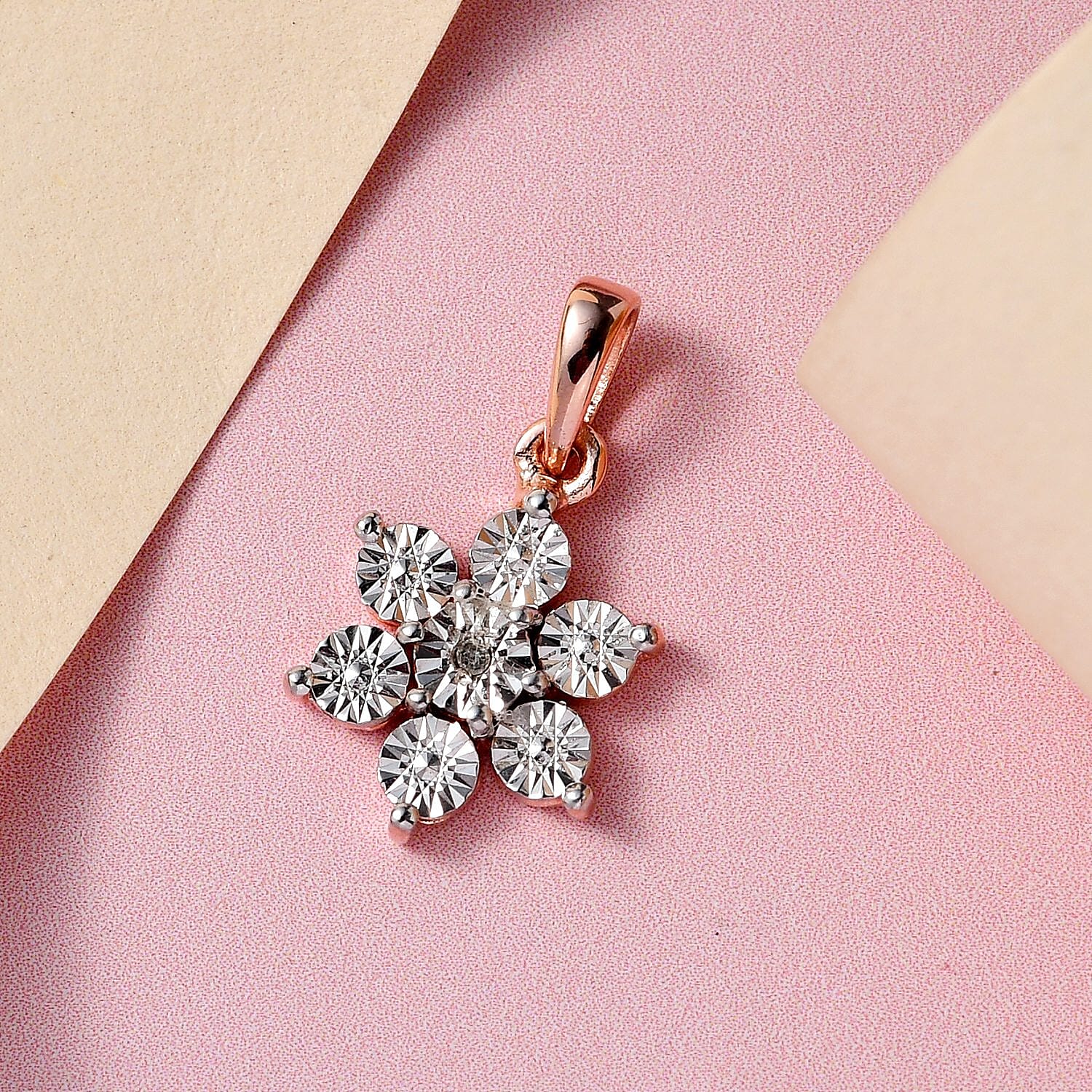 Diamond Floral Pendant and Stud Earrings in Rose Gold Plated Sterling Silver