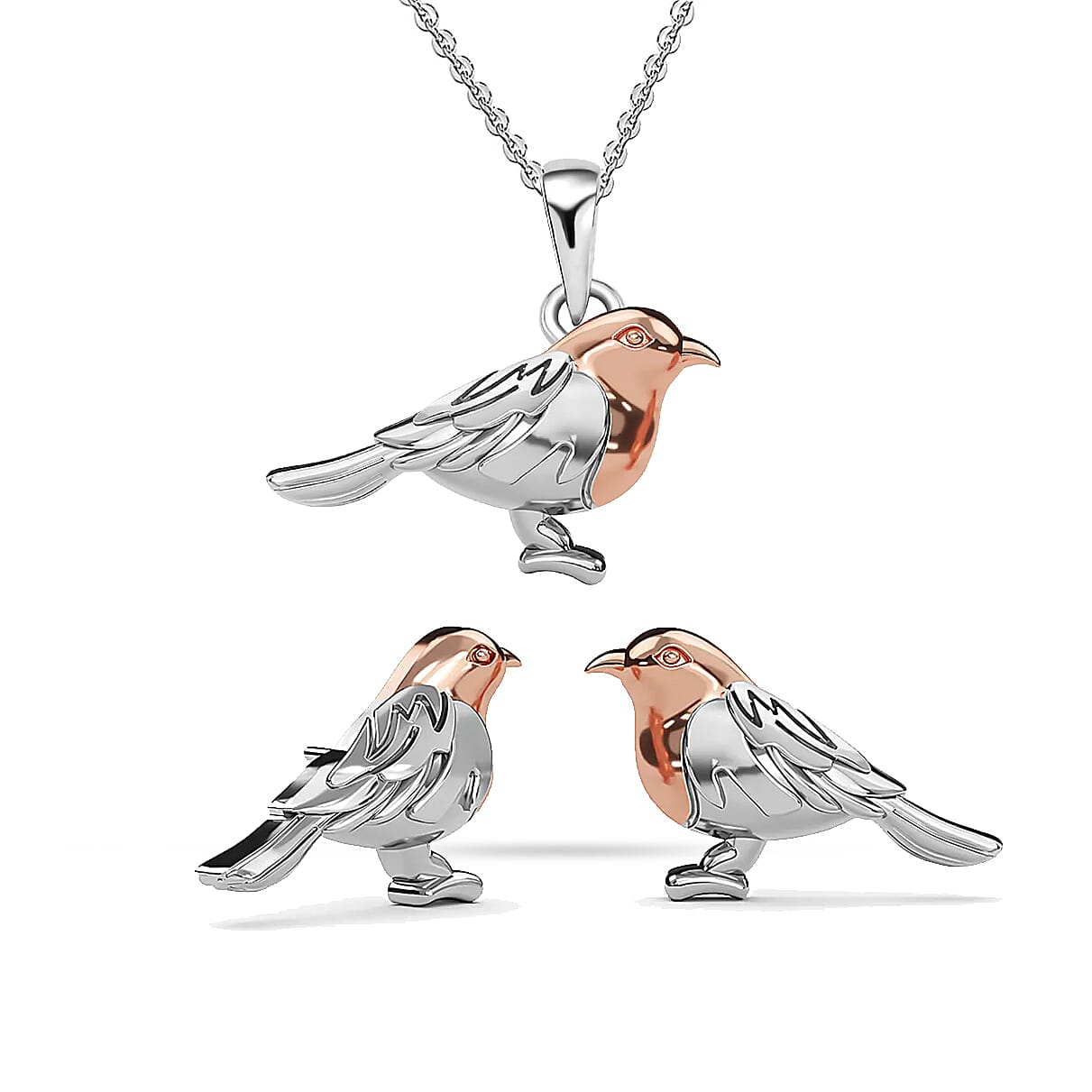 Platinum Overlay and 18K Rose Gold Vermeil Plated Sterling Silver Robin Bird Pendant and Stud Earrings