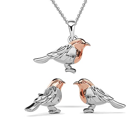 Platinum Overlay and 18K Rose Gold Vermeil Plated Sterling Silver Robin Bird Pendant and Stud Earrings