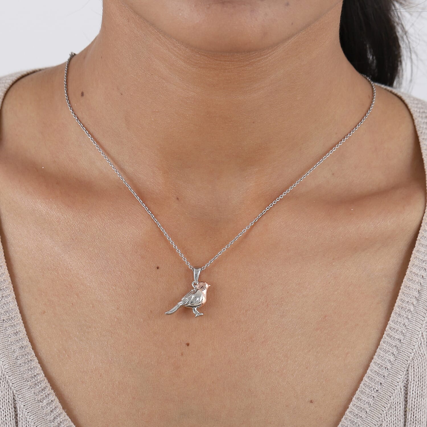 Platinum Overlay and 18K Rose Gold Vermeil Plated Sterling Silver Robin Bird Pendant and Stud Earrings