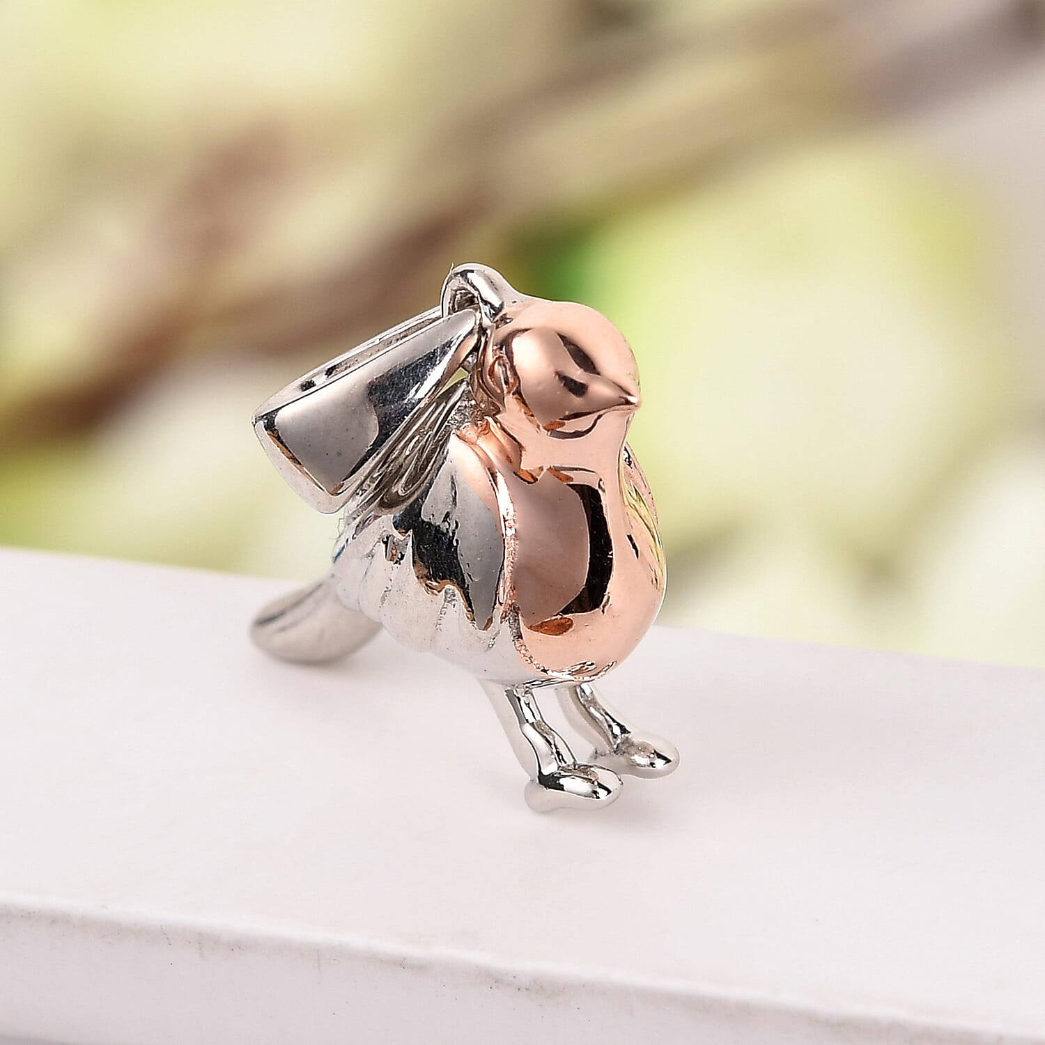 Platinum Overlay and 18K Rose Gold Vermeil Plated Sterling Silver Robin Bird Pendant and Stud Earrings