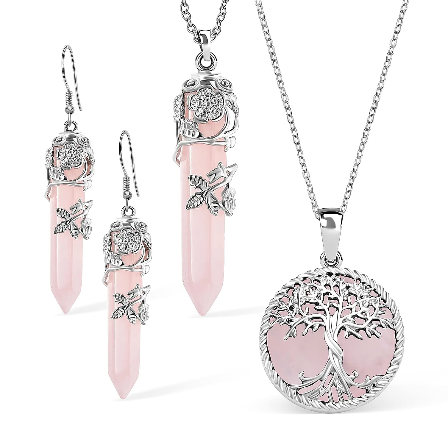 Rose Quartz Floral Vine Pendant with Stainless Steel Chain (Size - 24) in Silver Tone, Floral Vine Stainless Steel Earrings and Tree of Life Pendant with Chain (Size 20)