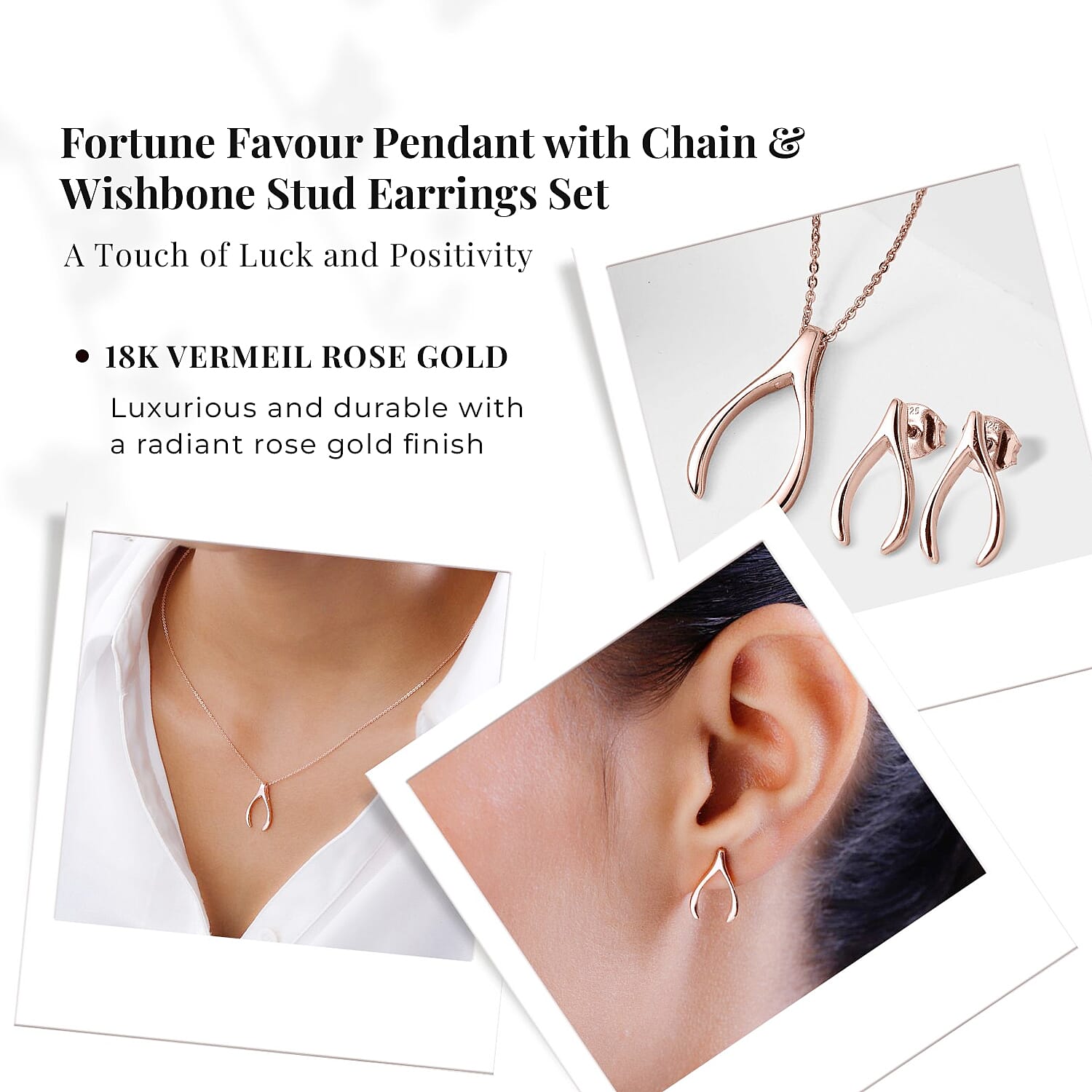 Fortune Favour Pendant with Chain (Size 20) and Wishbone Stud Earrings (with Push Back) in Sterling Silver with 18K Vermeil Rose Gold