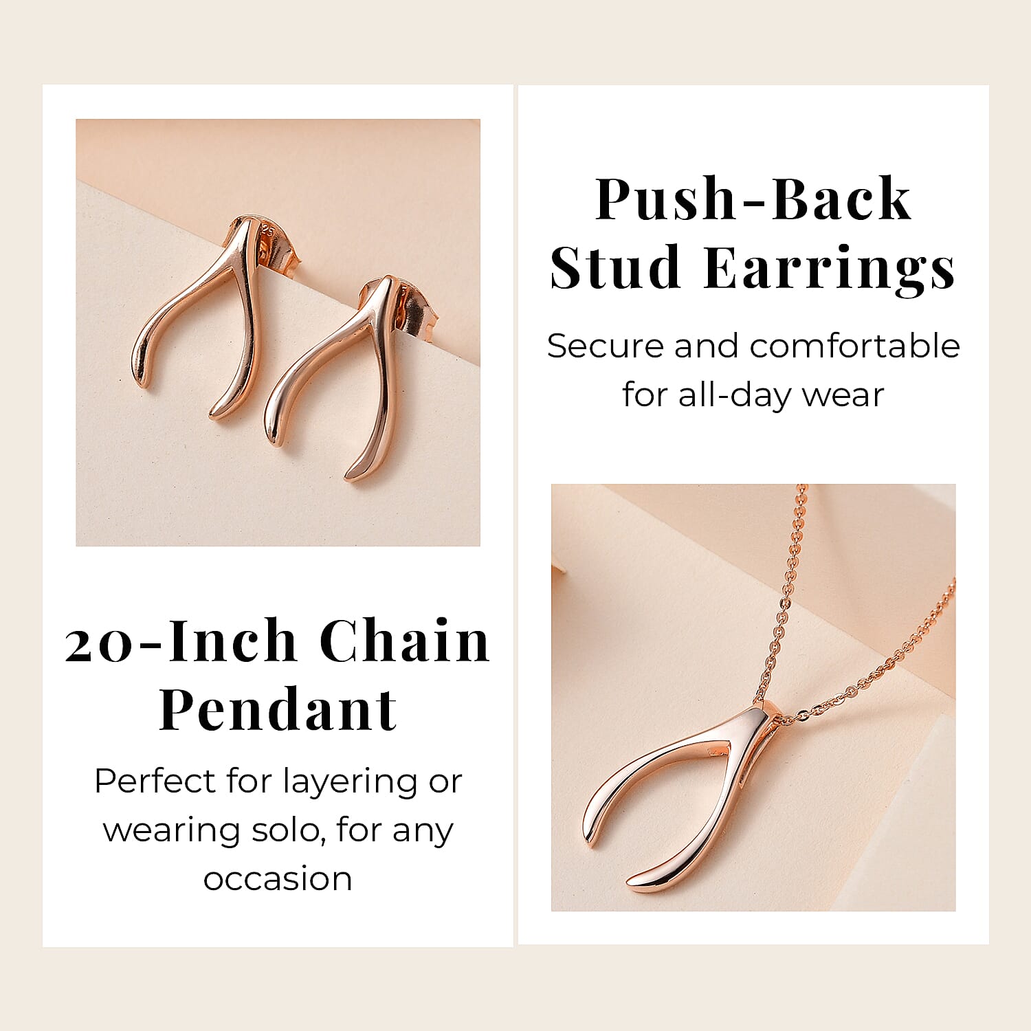 Fortune Favour Pendant with Chain (Size 20) and Wishbone Stud Earrings (with Push Back) in Sterling Silver with 18K Vermeil Rose Gold