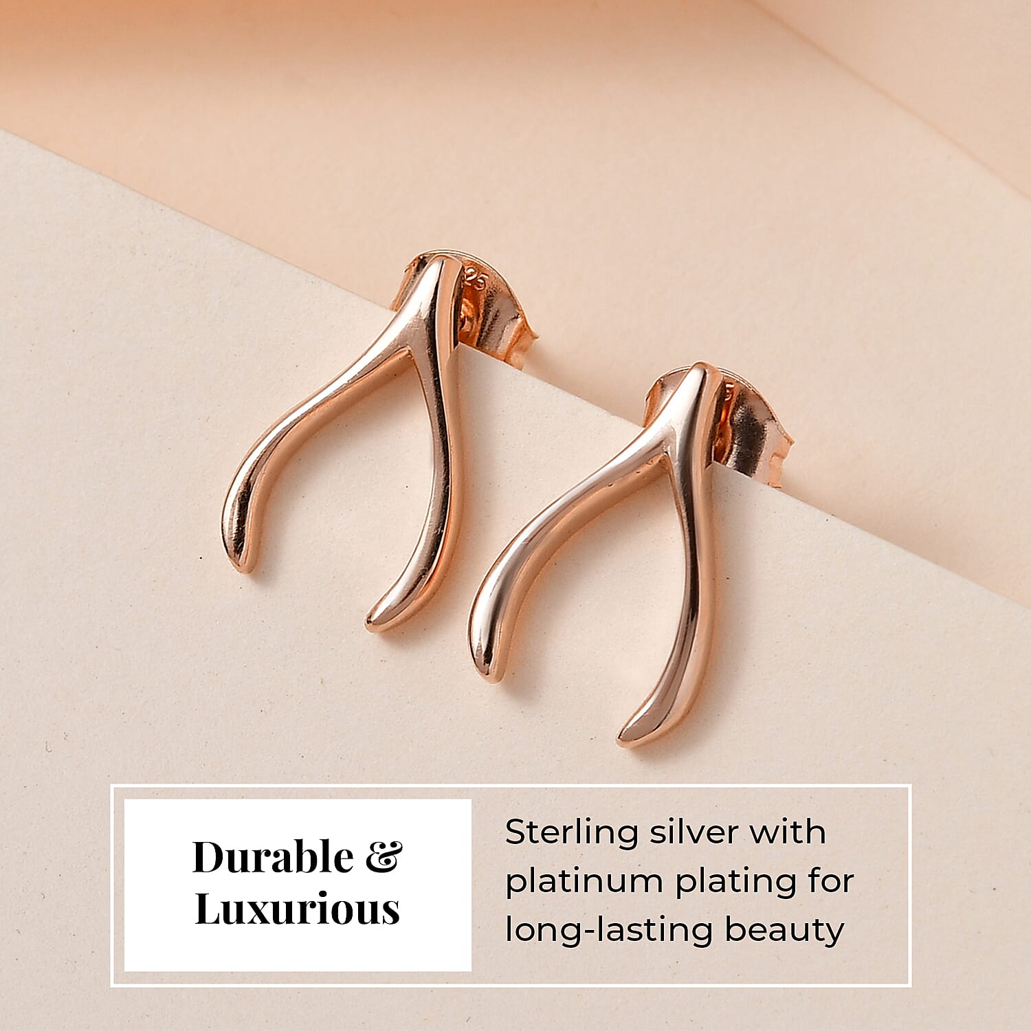 Fortune Favour Pendant with Chain (Size 20) and Wishbone Stud Earrings (with Push Back) in Sterling Silver with 18K Vermeil Rose Gold