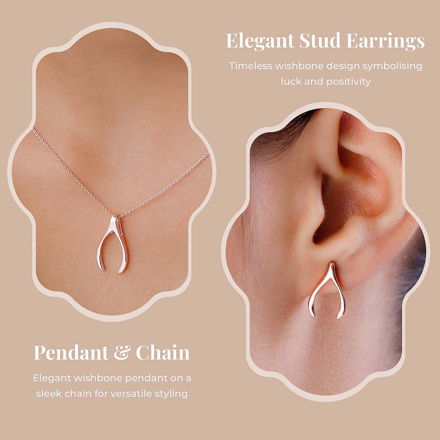 Fortune Favour Pendant with Chain (Size 20) and Wishbone Stud Earrings (with Push Back) in Sterling Silver with 18K Vermeil Rose Gold