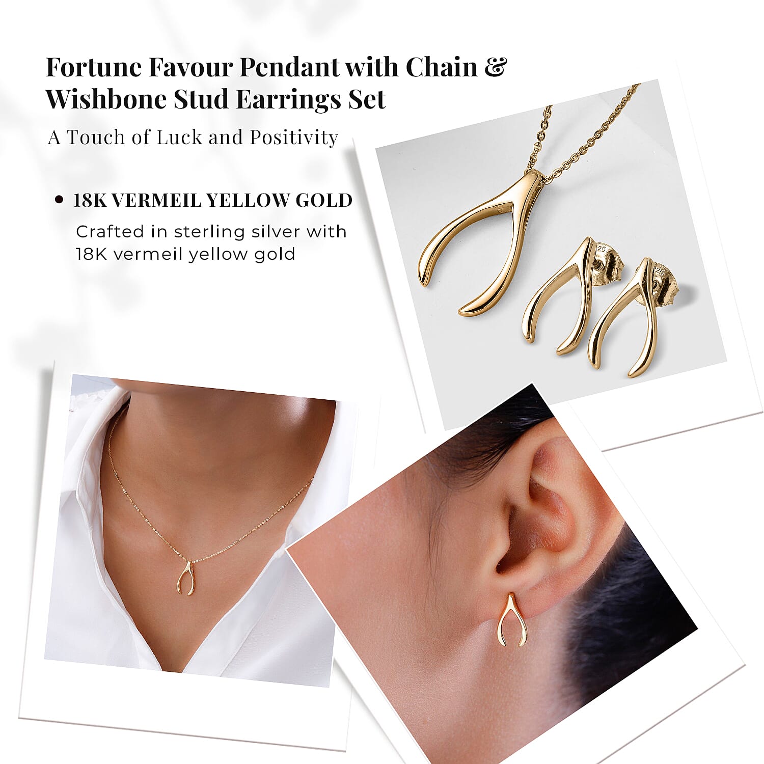 Fortune Favour Pendant with Chain (Size 20) and Stud Earrings (with Push Back) in Sterling Silver with 18K Vermeil Yellow Gold