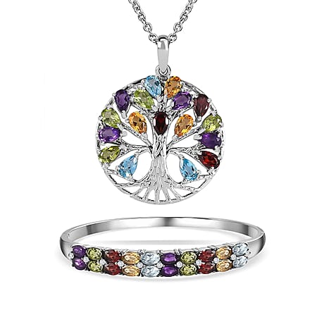 Multi Gemstone Sterling Silver Tree of Life Pendant With Stainless Steel Chain (Size 20) 5.42 Ct and Citrine, Skyblue Topaz and Multi Gemstone Bangle (Size - 7.5) 10.00 Ct.