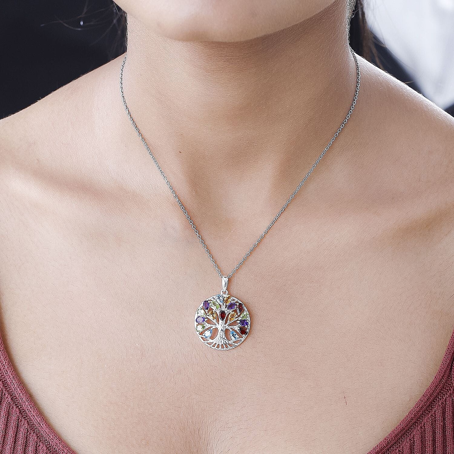 Multi Gemstone Sterling Silver Tree of Life Pendant With Stainless Steel Chain (Size 20) 5.42 Ct and Citrine, Skyblue Topaz and Multi Gemstone Bangle (Size - 7.5) 10.00 Ct.