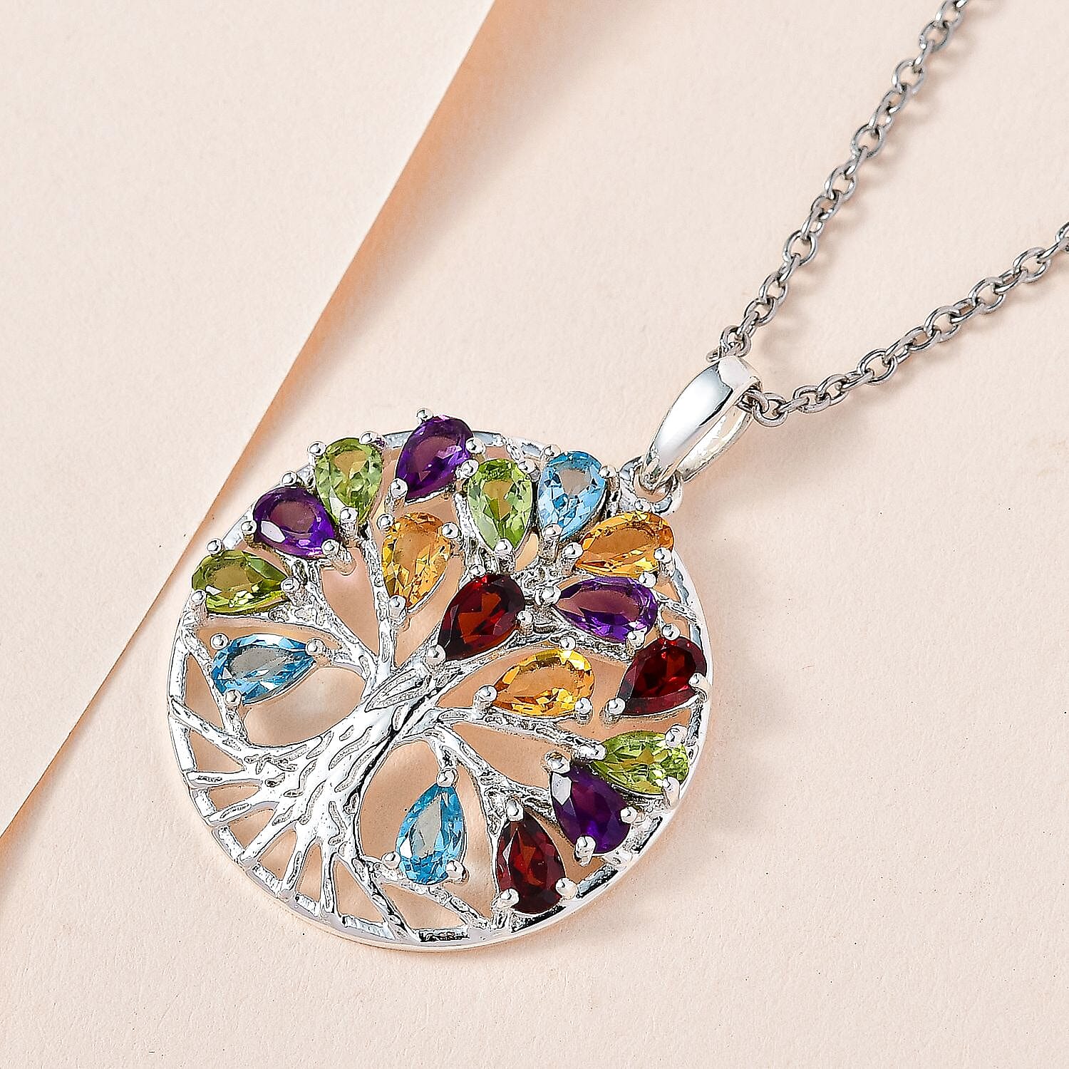 Multi Gemstone Sterling Silver Tree of Life Pendant With Stainless Steel Chain (Size 20) 5.42 Ct and Citrine, Skyblue Topaz and Multi Gemstone Bangle (Size - 7.5) 10.00 Ct.