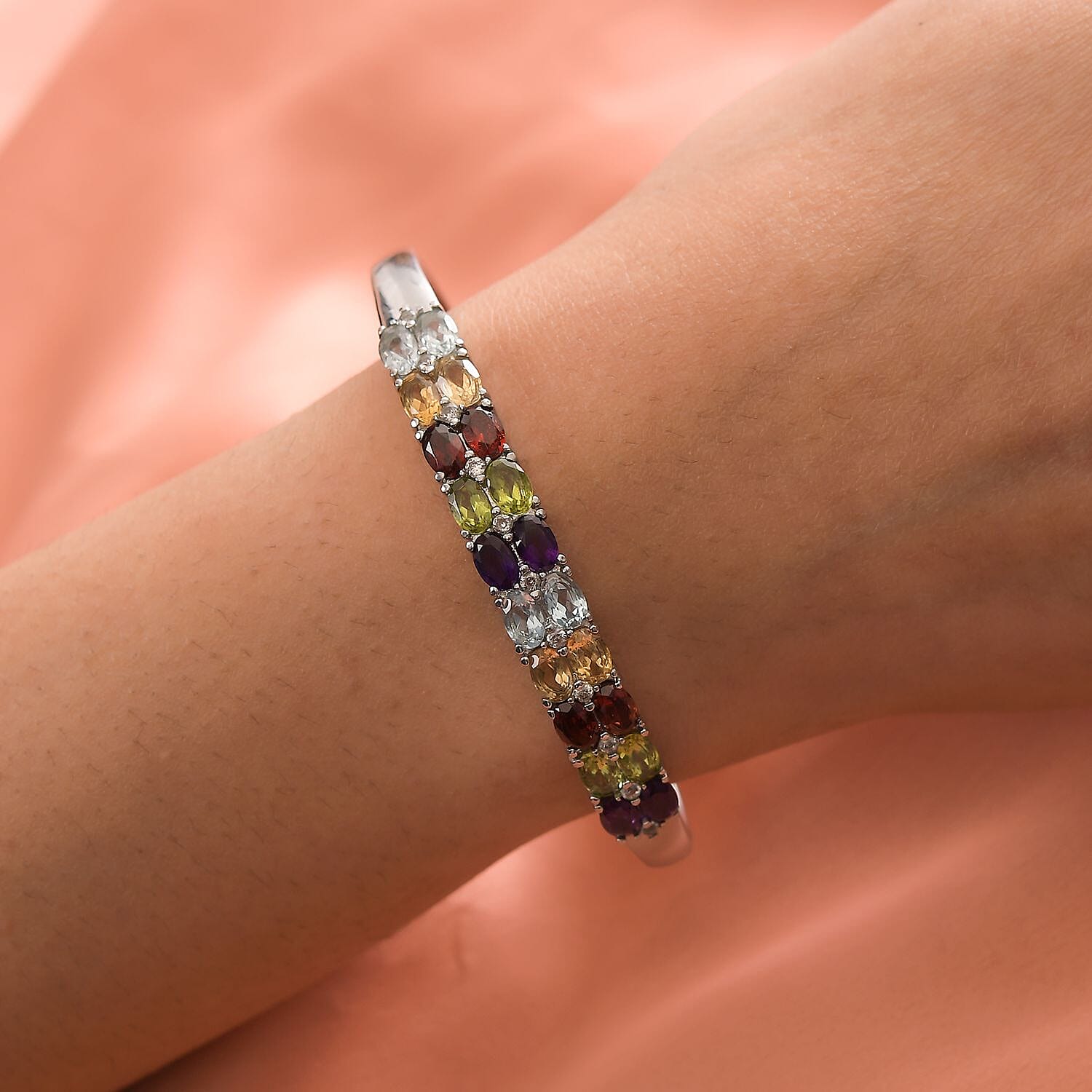 Multi Gemstone Sterling Silver Tree of Life Pendant With Stainless Steel Chain (Size 20) 5.42 Ct and Citrine, Skyblue Topaz and Multi Gemstone Bangle (Size - 7.5) 10.00 Ct.