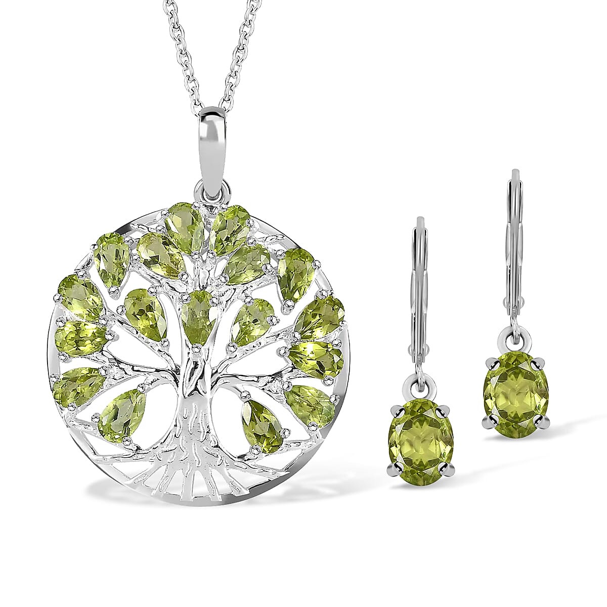 Hebei Peridot Sterling Silver Tree of Life Pendant With Chain (Size 20) 3.62 Ct, Silver Wt. 6.35 GM and Chinese Peridot Drop Earrings in Sterling Silver With Lever Back 2.6 Ct
