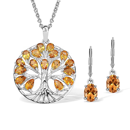 Citrine Sterling Silver Tree of Life Pendant With Chain (Size 20) 3.45 Ct, Silver Wt. 6.11 GM and Citrine Solitaire Earrings in Rhodium Plated Sterling Silver 2.22 Ct.