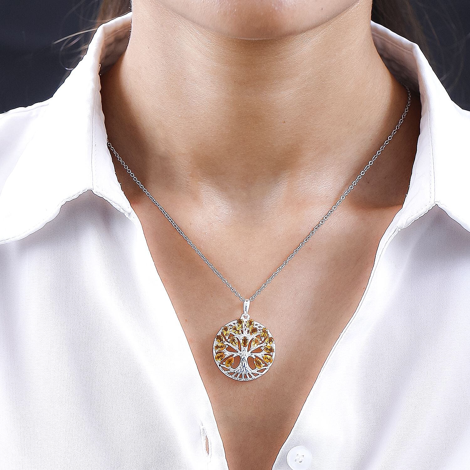 Citrine Sterling Silver Tree of Life Pendant With Chain (Size 20) 3.45 Ct, Silver Wt. 6.11 GM and Citrine Solitaire Earrings in Rhodium Plated Sterling Silver 2.22 Ct.