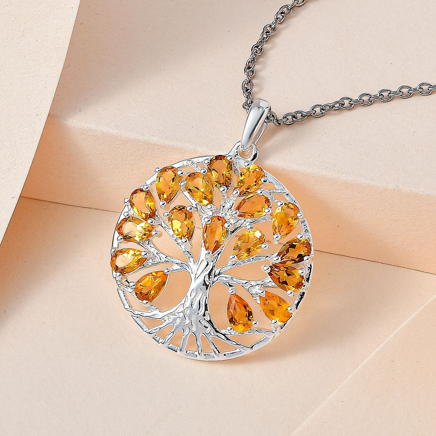 Citrine Sterling Silver Tree of Life Pendant With Chain (Size 20) 3.45 Ct, Silver Wt. 6.11 GM and Citrine Solitaire Earrings in Rhodium Plated Sterling Silver 2.22 Ct.