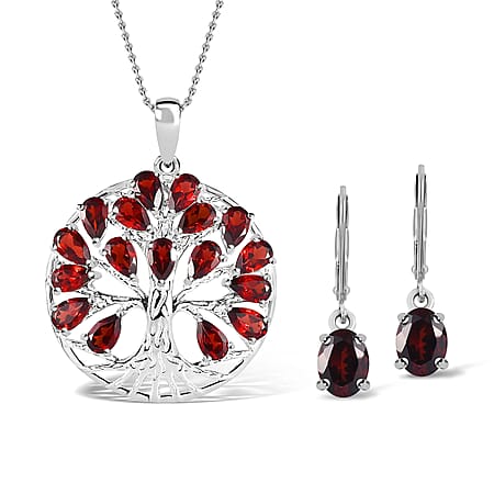 Red Garnet Sterling Silver Tree of Life Pendant With Chain (Size 20) 4.84 Ct, Silver Wt 6.25 GM and Red Garnet Solitaire Earrings in Rhodium Plated Sterling Silver 2.84 Ct.