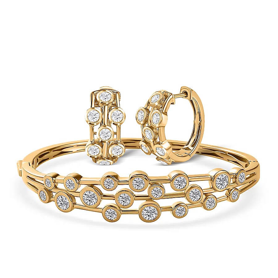 Designer Inspired Moissanite Bubble Bangle and Bubble Hoop Earrings in 18K Gold Vermeil Sterling Silver