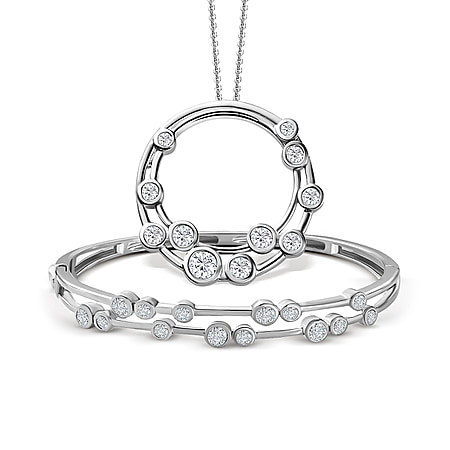 Moissanite Bubble Pendant with Chain and Bubble Bangle in Platinum Overlay Sterling Silver