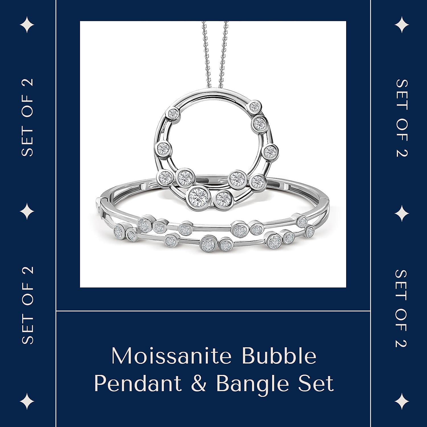 Moissanite Bubble Pendant with Chain and Bubble Bangle in Platinum Overlay Sterling Silver