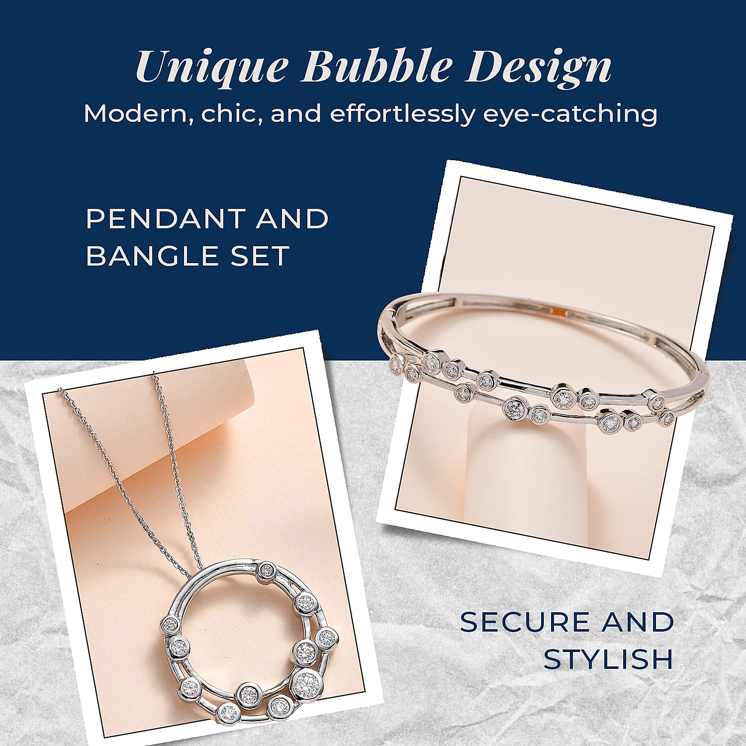Moissanite Bubble Pendant with Chain and Bubble Bangle in Platinum Overlay Sterling Silver