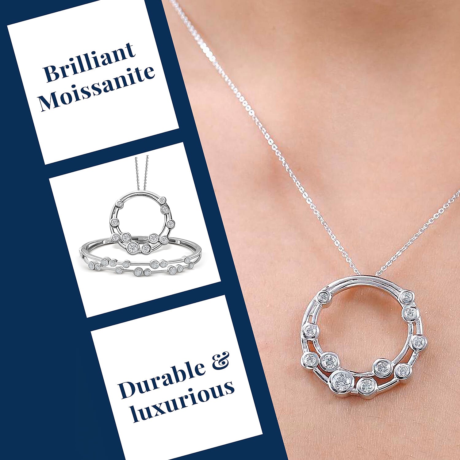 Moissanite Bubble Pendant with Chain and Bubble Bangle in Platinum Overlay Sterling Silver