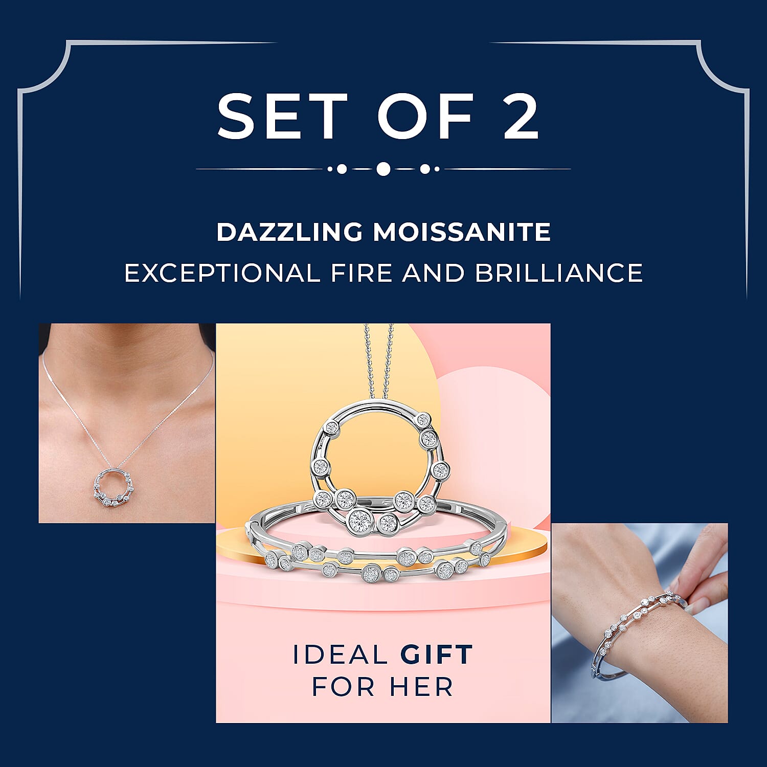 Moissanite Bubble Pendant with Chain and Bubble Bangle in Platinum Overlay Sterling Silver