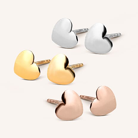 Heart Stud Earrings (with Push Back) in Sterling Silver with 18K Vermeil Yellow Gold Plating, Platinum Plating and 18K Vermeil Rose Gold Plating