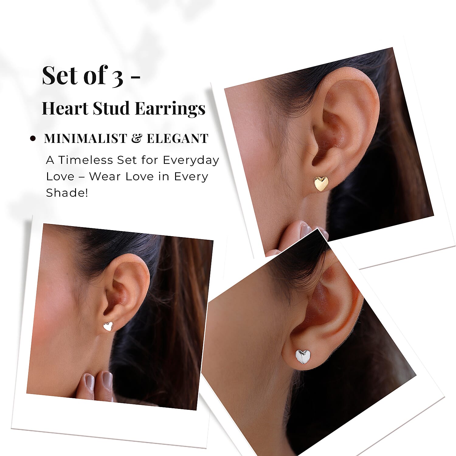 Heart Stud Earrings (with Push Back) in Sterling Silver with 18K Vermeil Yellow Gold Plating, Platinum Plating and 18K Vermeil Rose Gold Plating