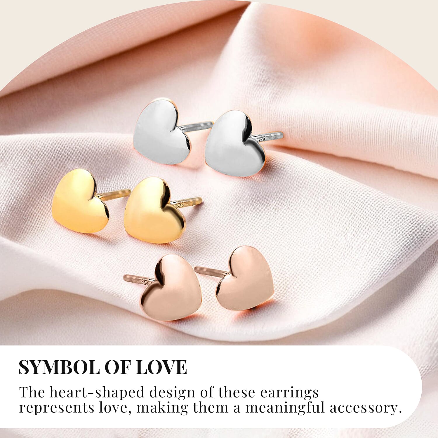Heart Stud Earrings (with Push Back) in Sterling Silver with 18K Vermeil Yellow Gold Plating, Platinum Plating and 18K Vermeil Rose Gold Plating