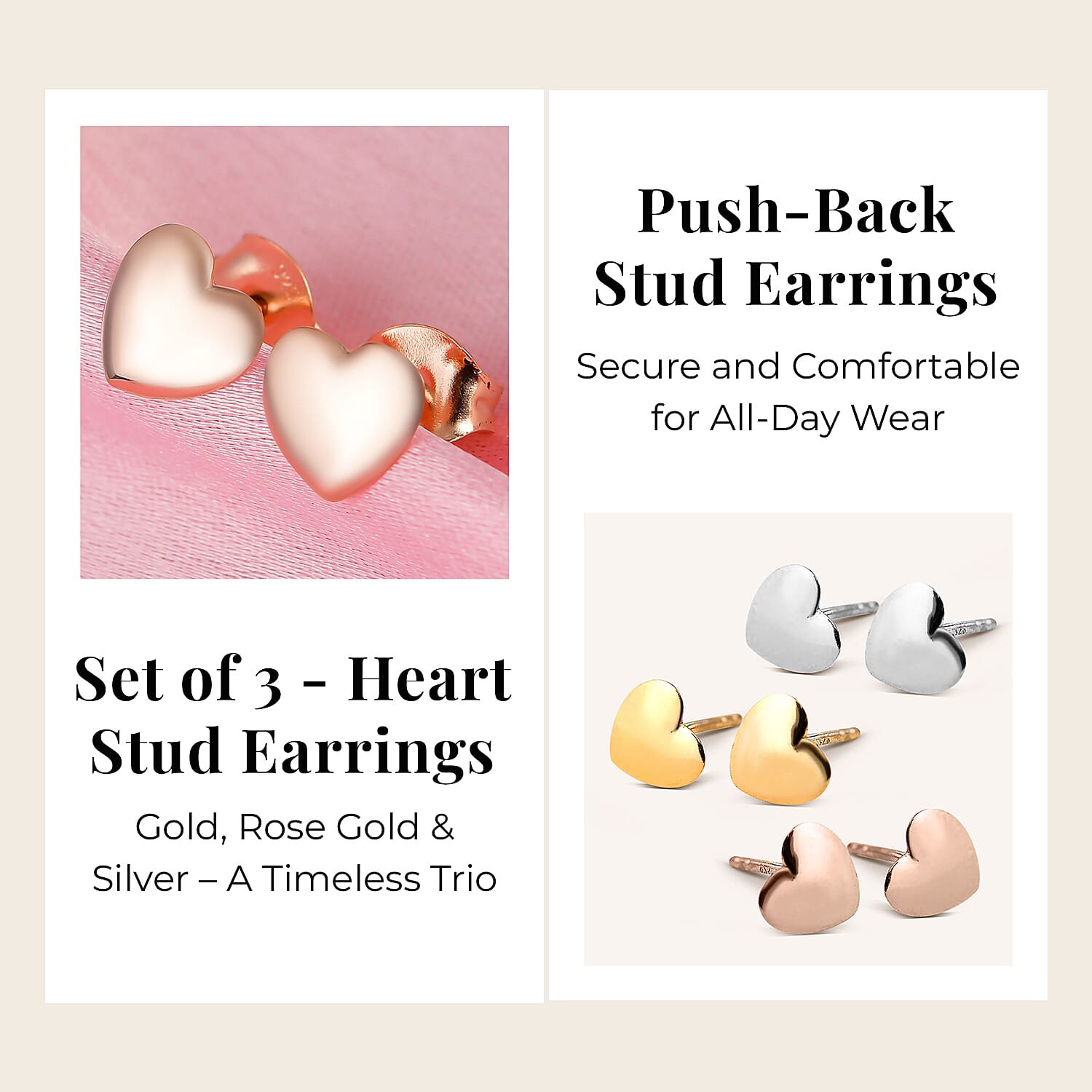 Heart Stud Earrings (with Push Back) in Sterling Silver with 18K Vermeil Yellow Gold Plating, Platinum Plating and 18K Vermeil Rose Gold Plating