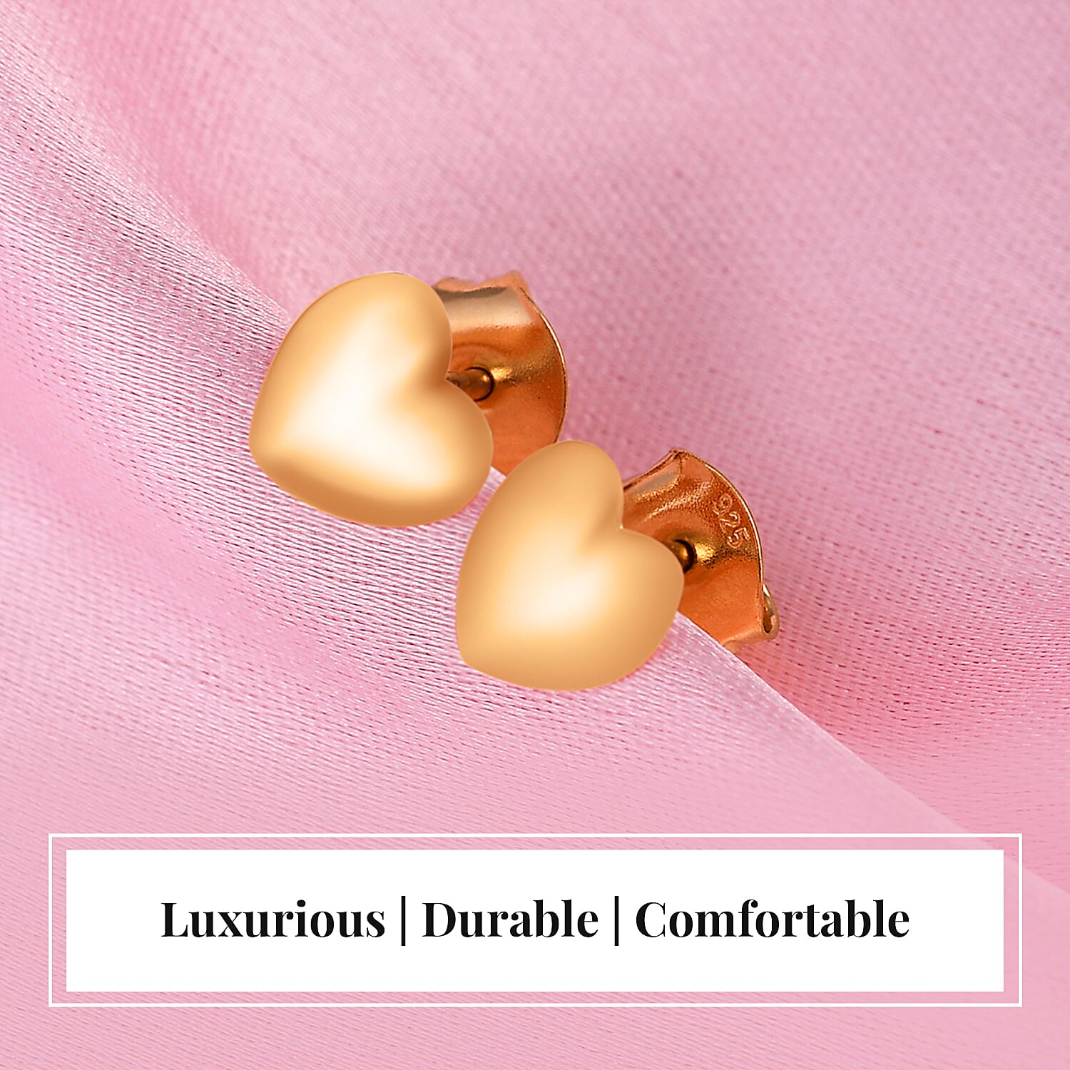 Heart Stud Earrings (with Push Back) in Sterling Silver with 18K Vermeil Yellow Gold Plating, Platinum Plating and 18K Vermeil Rose Gold Plating