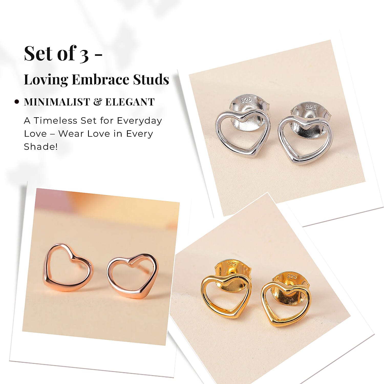 Heart Earrings in Sterling Silver with Platinum Plating, 18K Vermeil Yellow Gold Plating and 18K Vermeil Rose Gold (with Push Post)