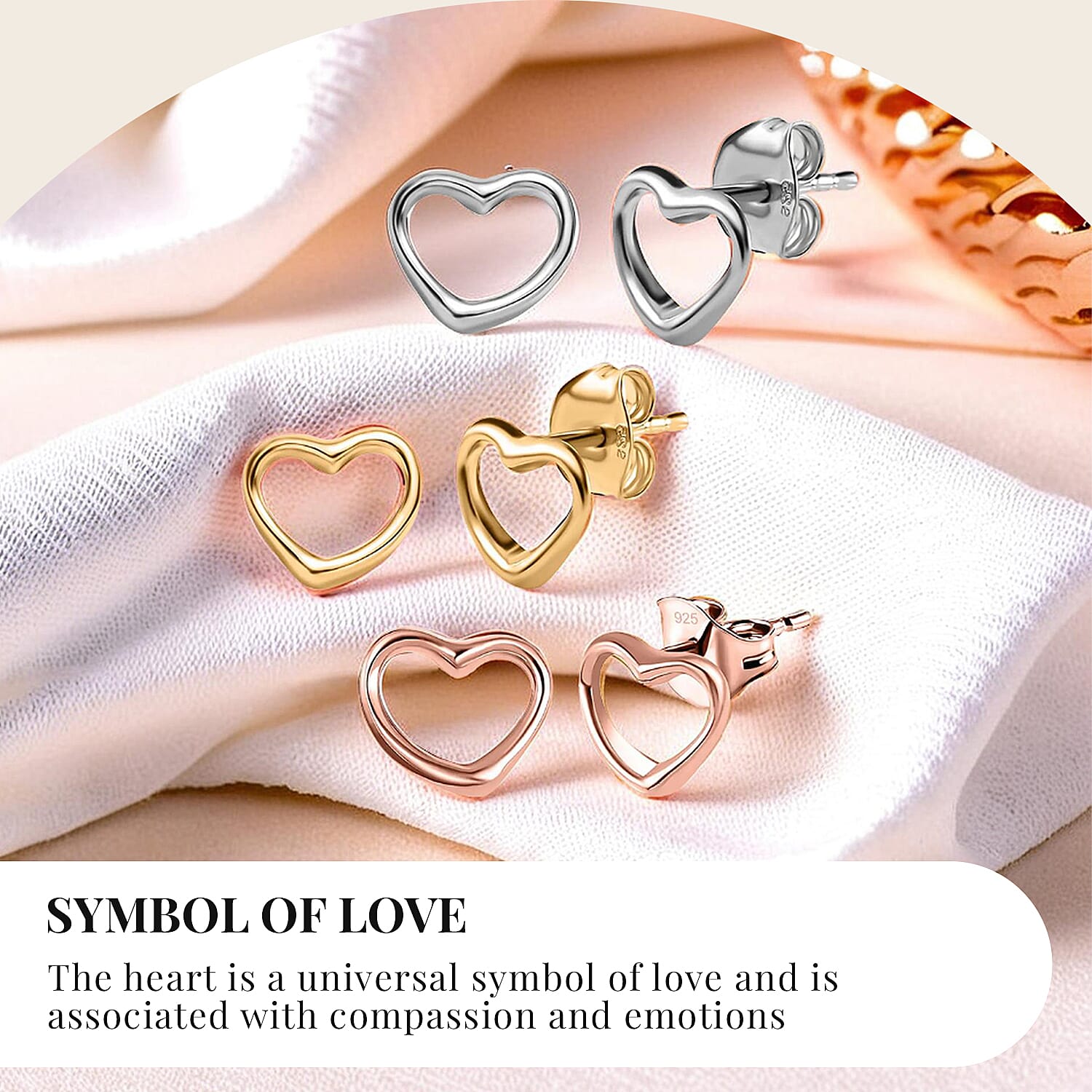 Heart Earrings in Sterling Silver with Platinum Plating, 18K Vermeil Yellow Gold Plating and 18K Vermeil Rose Gold (with Push Post)