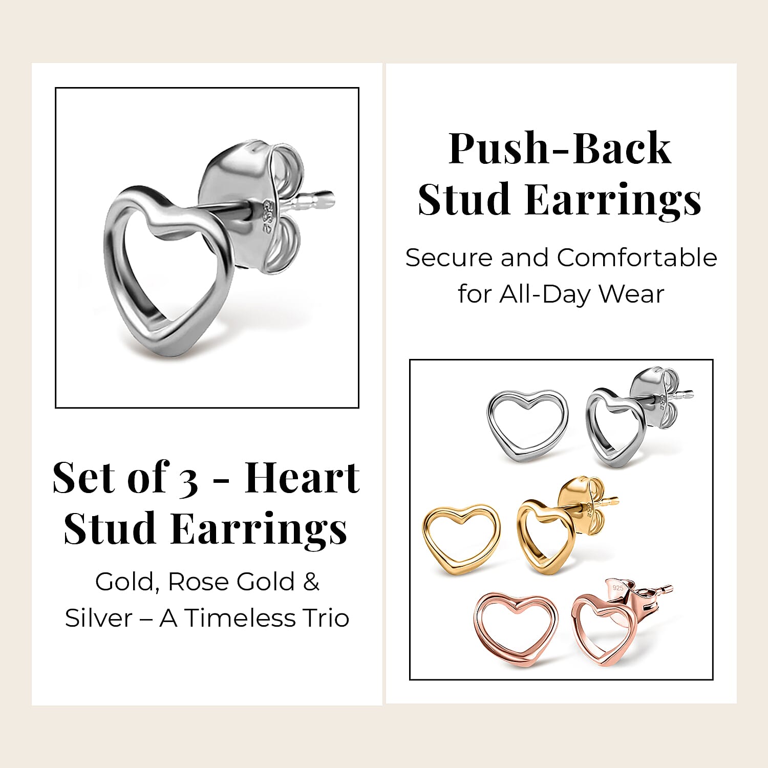 Heart Earrings in Sterling Silver with Platinum Plating, 18K Vermeil Yellow Gold Plating and 18K Vermeil Rose Gold (with Push Post)