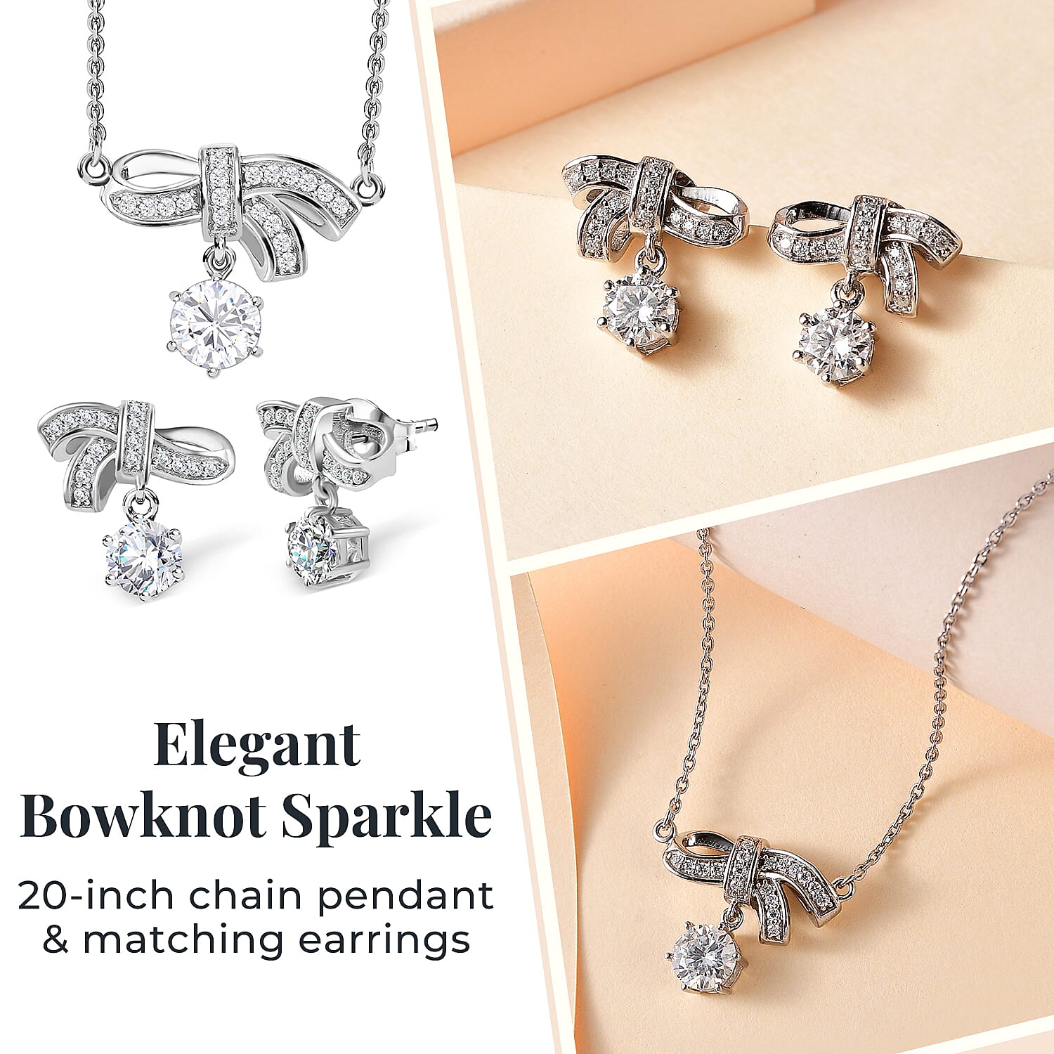 Moissanite Bowknot Necklace (Size - 20) and Earrings in Platinum Overlay Sterling Silver