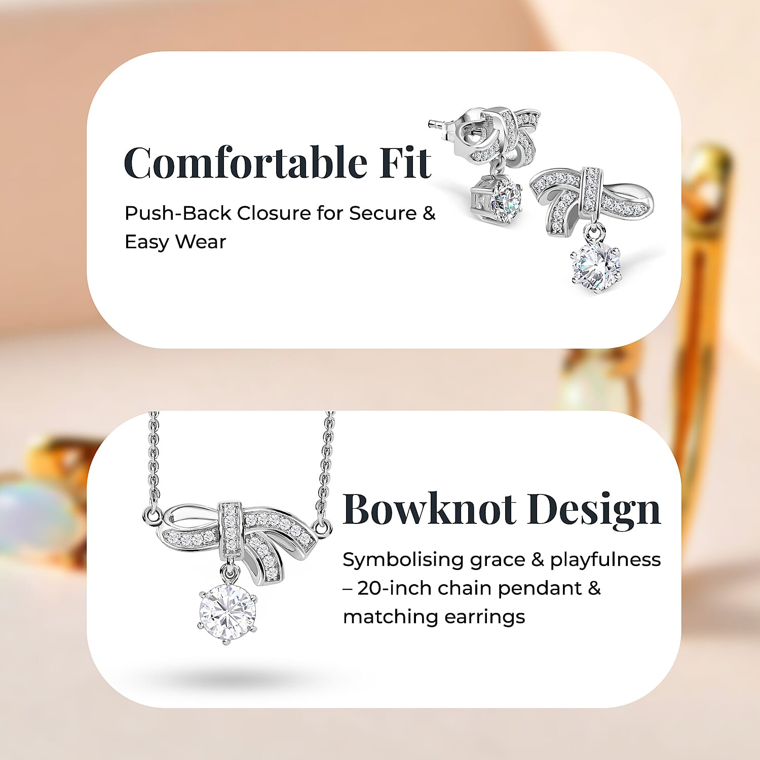 Moissanite Bowknot Necklace (Size - 20) and Earrings in Platinum Overlay Sterling Silver