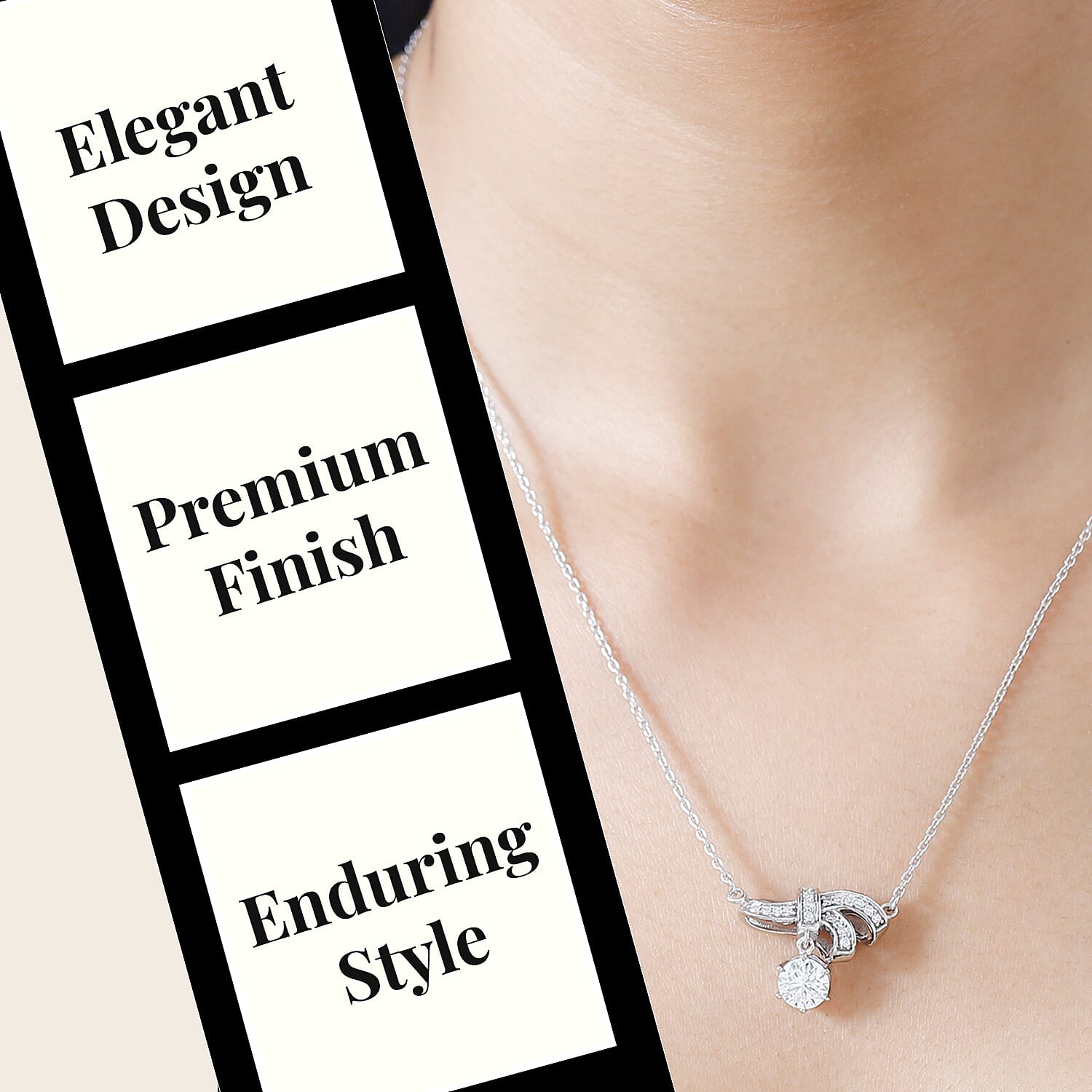 Moissanite Bowknot Necklace (Size - 20) and Earrings in Platinum Overlay Sterling Silver