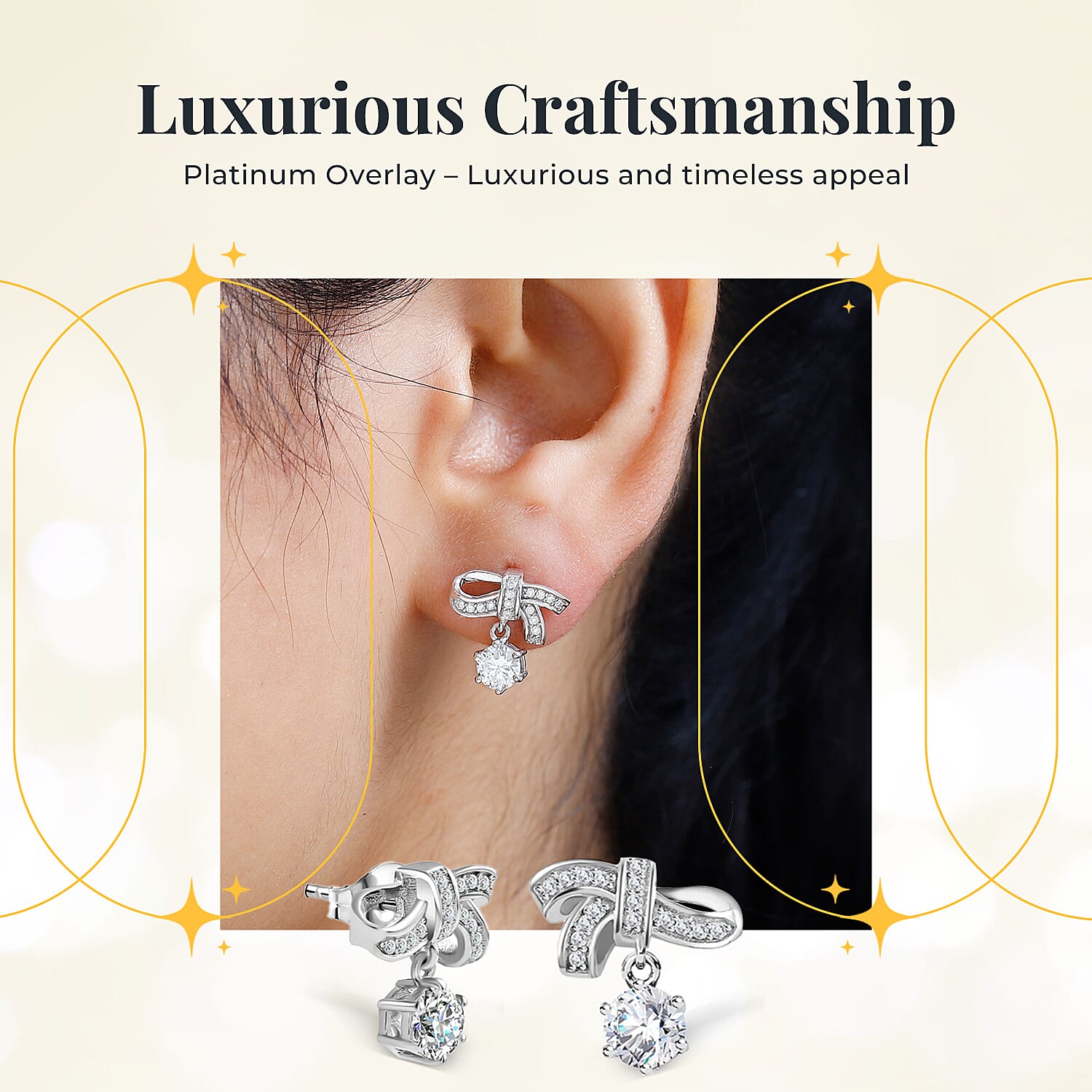 Moissanite Bowknot Necklace (Size - 20) and Earrings in Platinum Overlay Sterling Silver