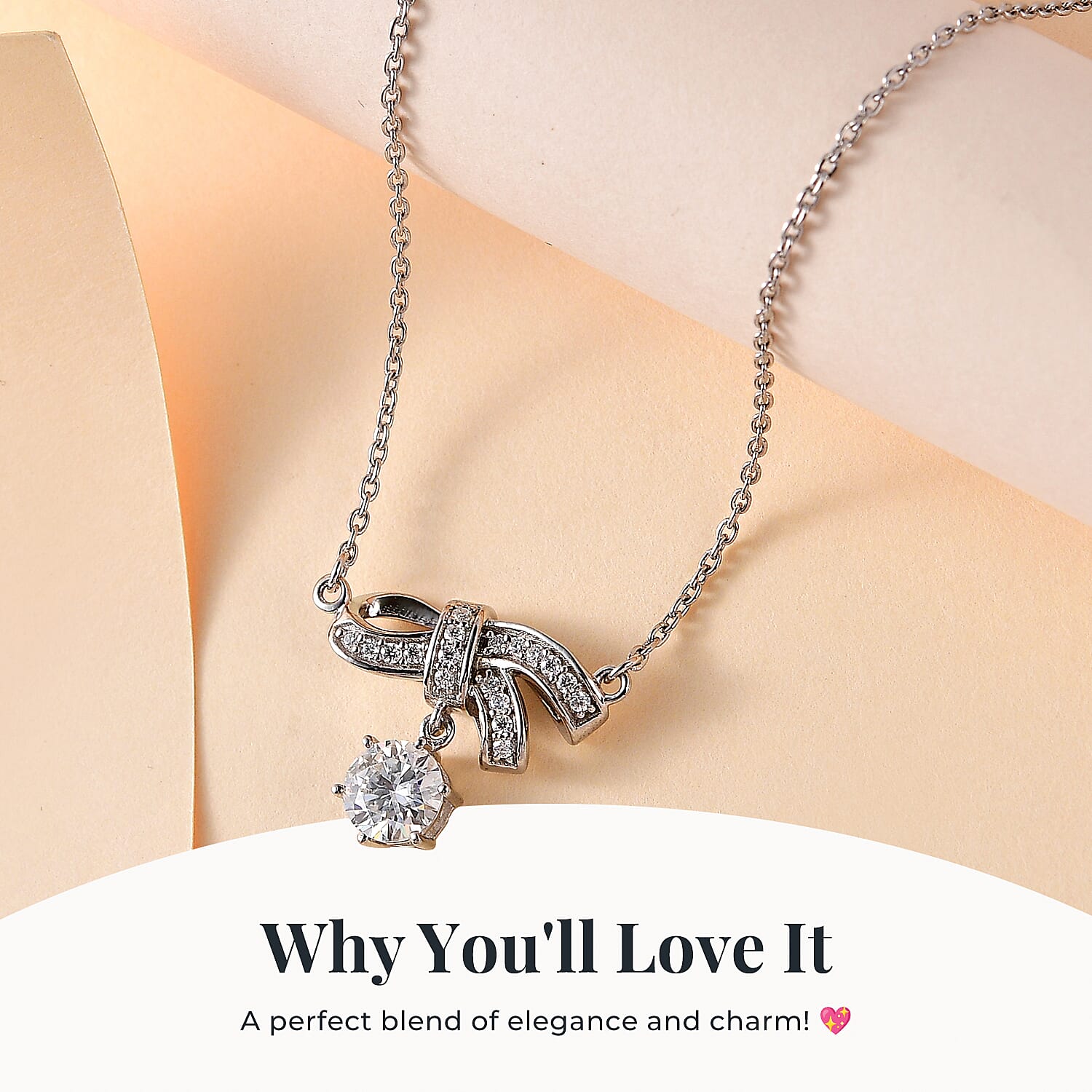 Moissanite Bowknot Necklace (Size - 20) and Earrings in Platinum Overlay Sterling Silver