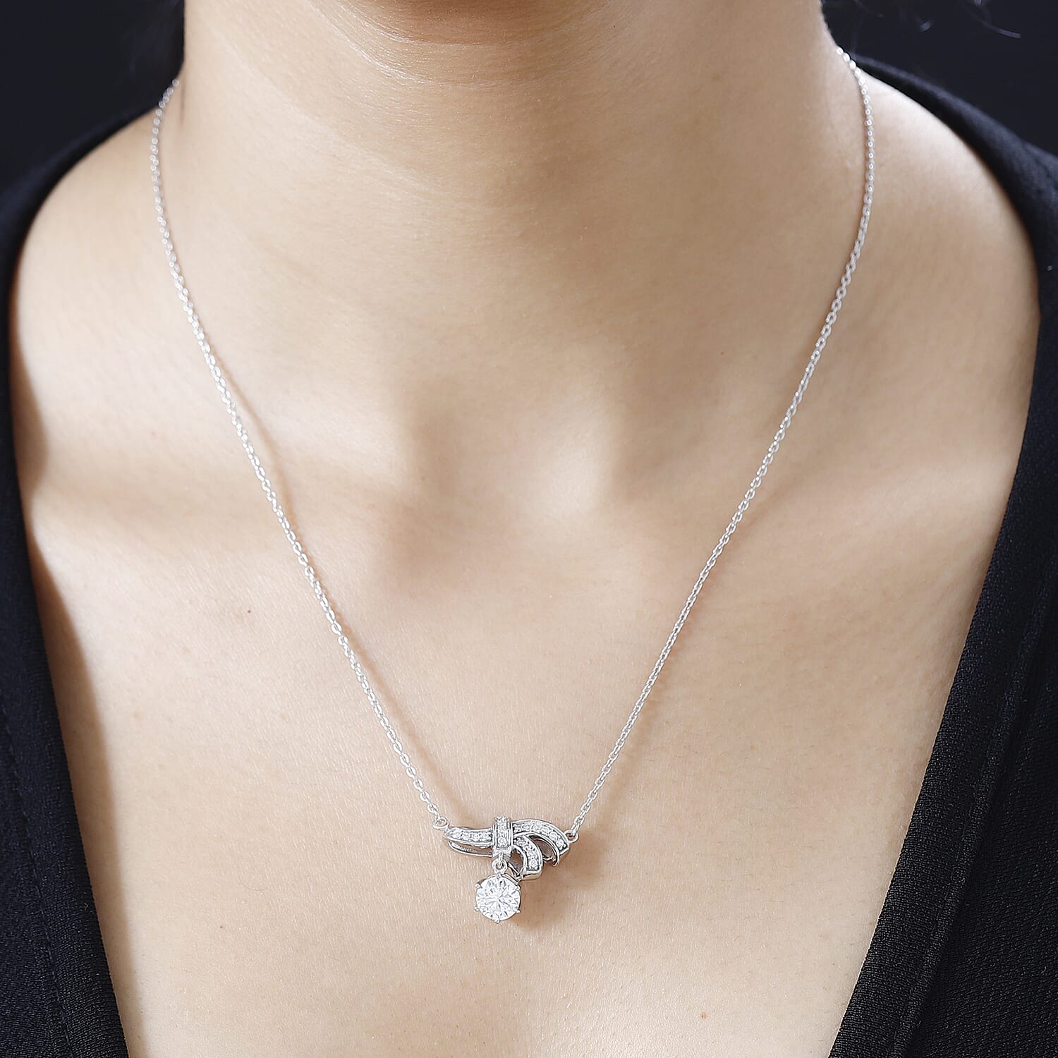 Moissanite Bowknot Necklace (Size - 20) and Earrings in Platinum Overlay Sterling Silver