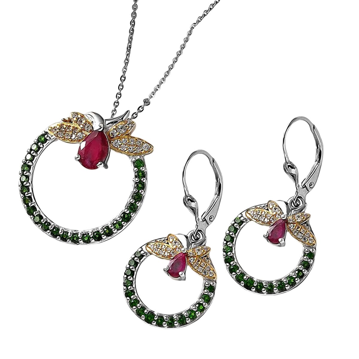 GP Italian Garden Collection African Ruby, Natural Chrome Diopside, White Zircon, Blue Sapphire Pendant with Chain and African Ruby, Blue Sapphire, Natural Chrome Diopside, White Zircon Fancy Drop Ear