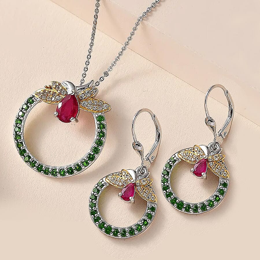 GP Italian Garden Collection African Ruby, Natural Chrome Diopside, White Zircon, Blue Sapphire Pendant with Chain and African Ruby, Blue Sapphire, Natural Chrome Diopside, White Zircon Fancy Drop Ear
