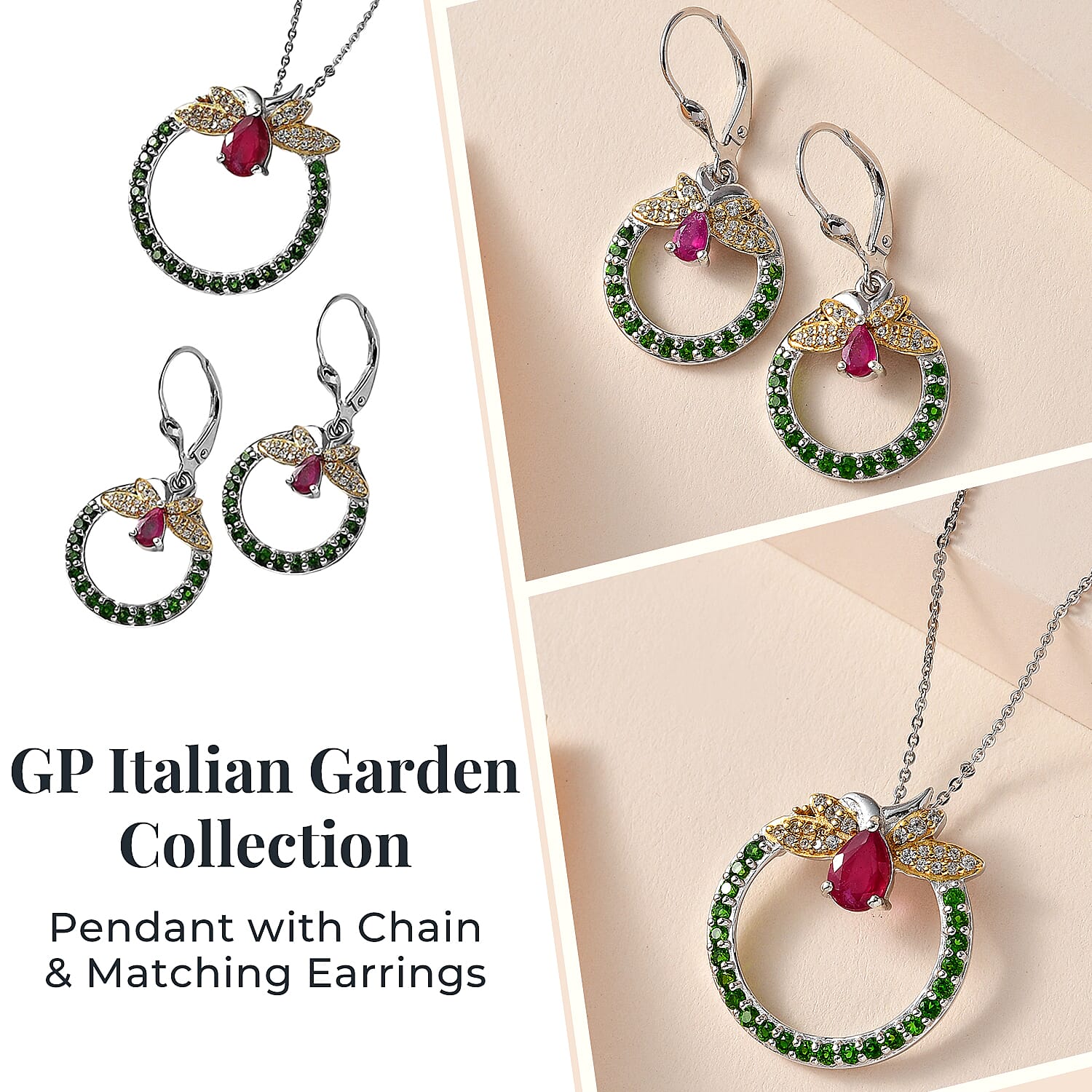 GP Italian Garden Collection African Ruby, Natural Chrome Diopside, White Zircon, Blue Sapphire Pendant with Chain and African Ruby, Blue Sapphire, Natural Chrome Diopside, White Zircon Fancy Drop Ear