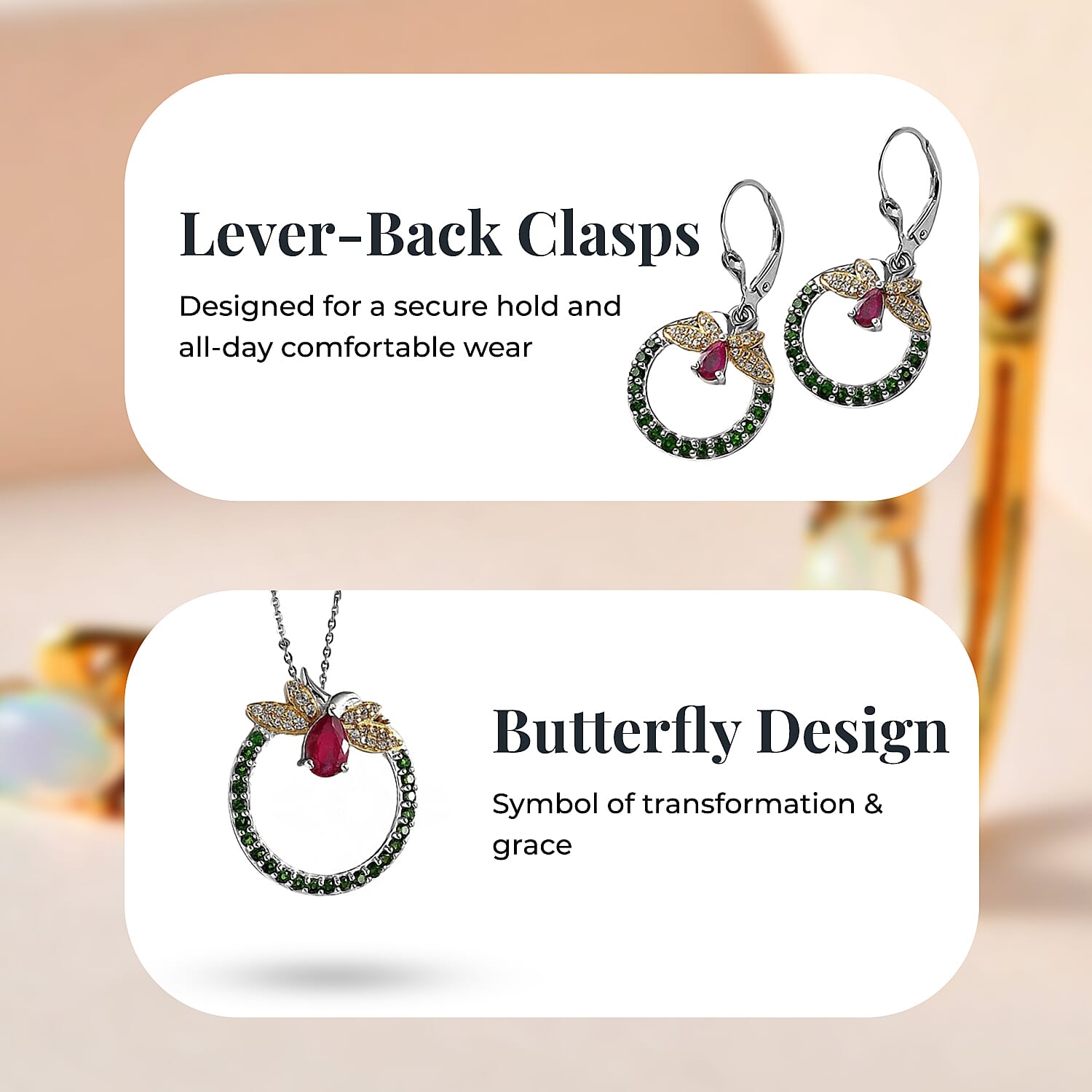 GP Italian Garden Collection African Ruby, Natural Chrome Diopside, White Zircon, Blue Sapphire Pendant with Chain and African Ruby, Blue Sapphire, Natural Chrome Diopside, White Zircon Fancy Drop Ear