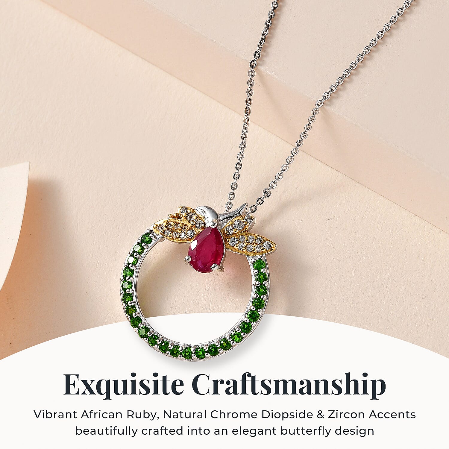 GP Italian Garden Collection African Ruby, Natural Chrome Diopside, White Zircon, Blue Sapphire Pendant with Chain and African Ruby, Blue Sapphire, Natural Chrome Diopside, White Zircon Fancy Drop Ear
